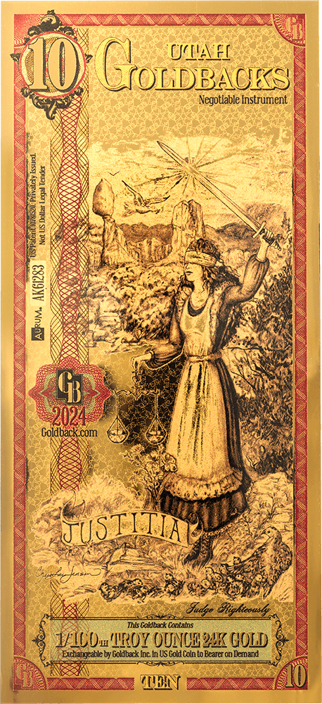 Front of the 10 Utah Goldback, Justitia